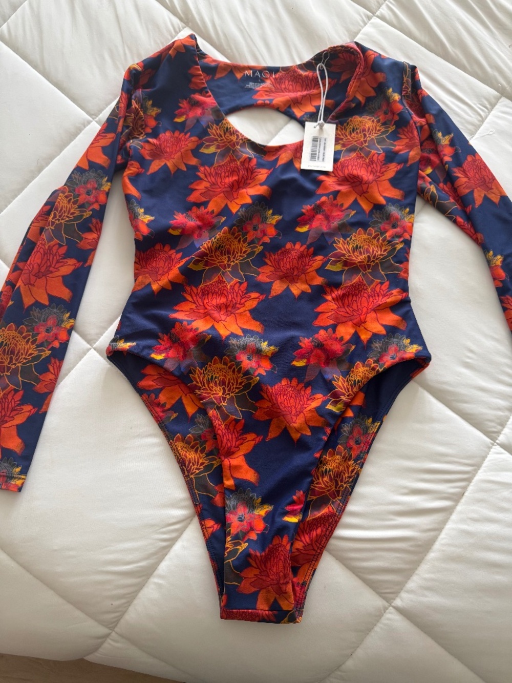 Maoi Swim Floral Long Sleeve Bodysuit One Piece Cutout Back Size L NWT